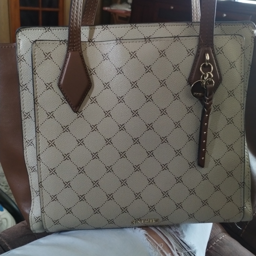 Nine West Brown and Cream Tote Bag with Monogram Pattern